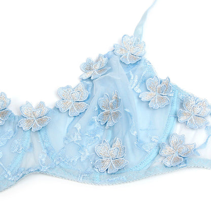 SUBBLIME - 957636 ENSEMBLE SOUTIEN-GORGE ET CULOTTE BRODÉS DE FLEURS BLEU CIEL L/XL