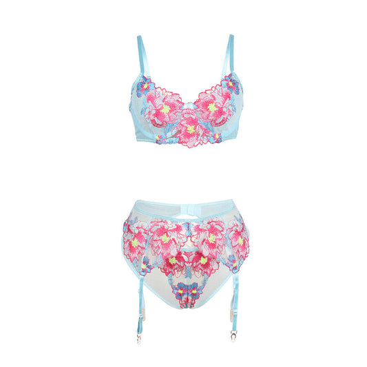 SUBBLIME - 957643 ENSEMBLE SOUTIEN-GORGE ET PORTE-JARRETELLES BRODÉ FLEURS ROSE S/M
