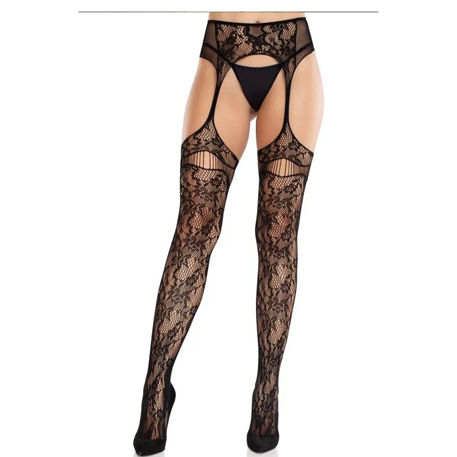 Leg Avenue Bas en Dentelle avec Jarretelles Noir