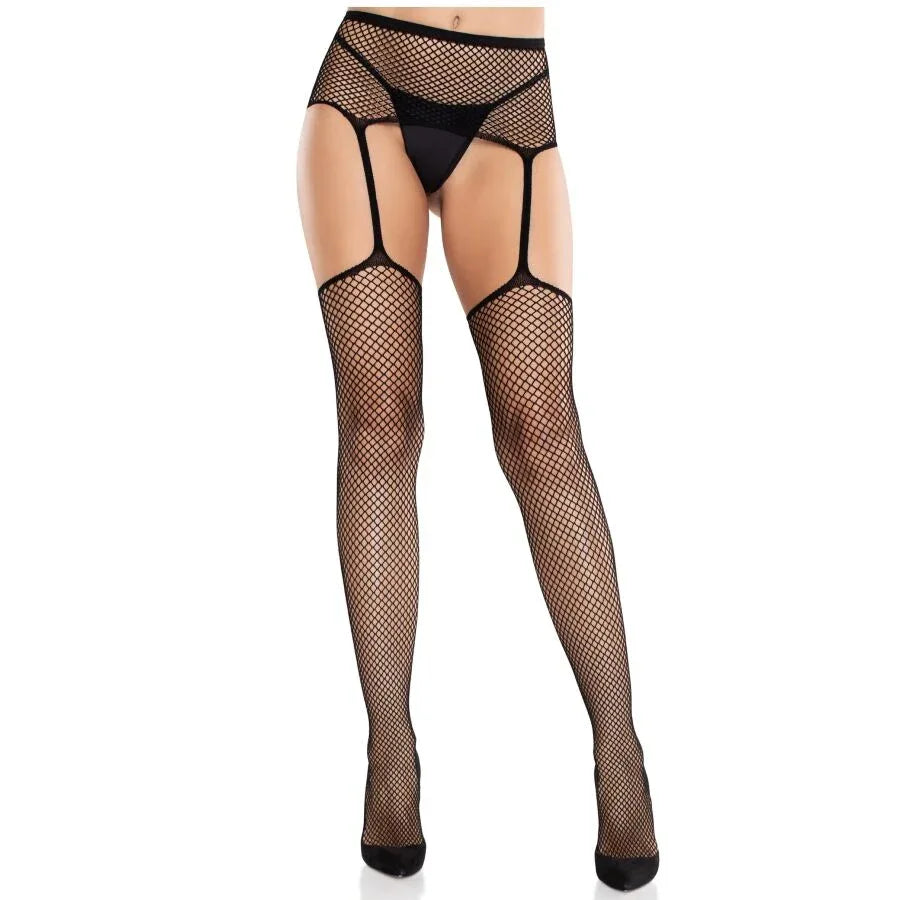Leg Avenue Bas en Dentelle avec Croix et Porte Jarretelles Noir