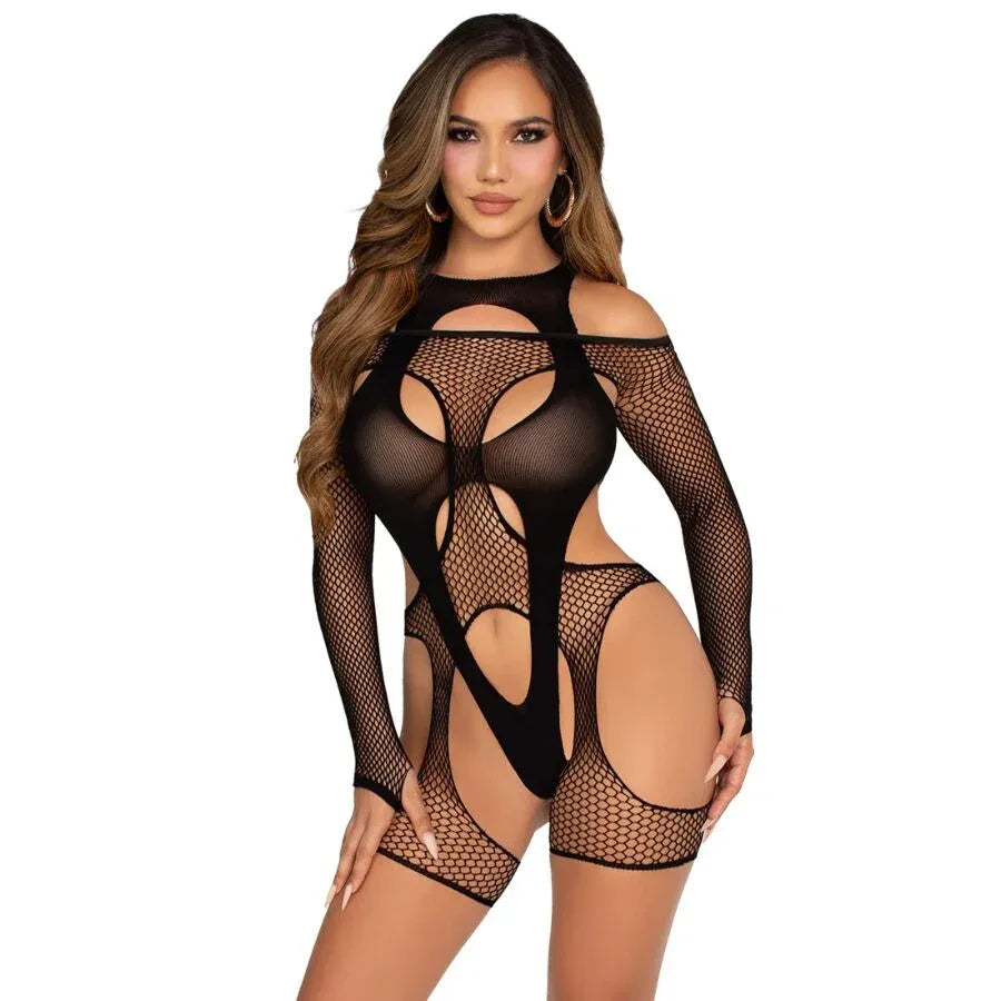 Leg Avenue Bodystocking Résille avec Porte Jarretelles et Harnais Noir