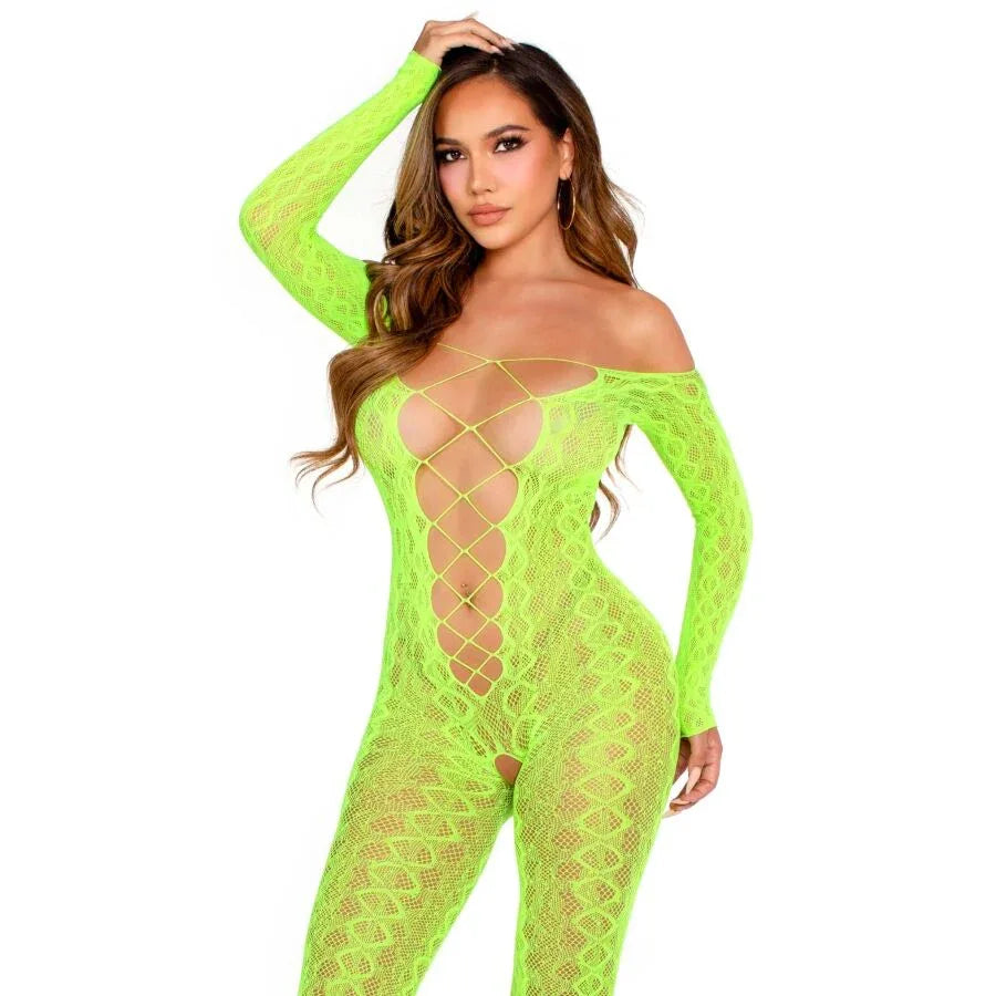 Leg Avenue Bodystocking Sans Fourche en Dentelle Serpent Exotique Vert Fluo