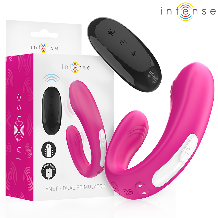Janet double stimulateur et vibrateur en u avec télécommande rose – Intense