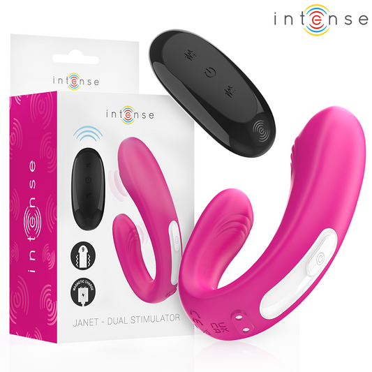 Janet double stimulateur et vibrateur en u avec télécommande rose – Intense