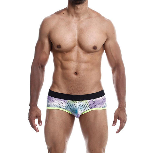 Slip MOB Aero Brief Green Dye multicolore à ceinture noire, porté de face