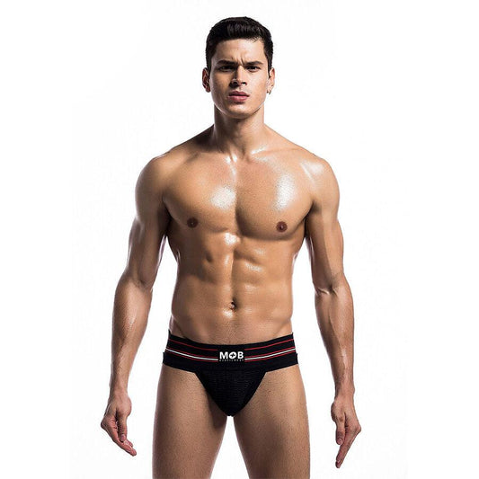 Jockstrap MOB Classic Wide noir porté de face sur fond blanc