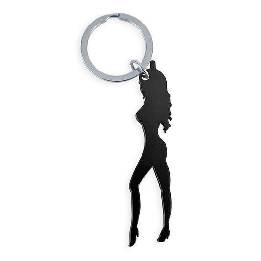 Préservatif porte-clés avec silhouette féminine de couleur noir avec décapote-bière –