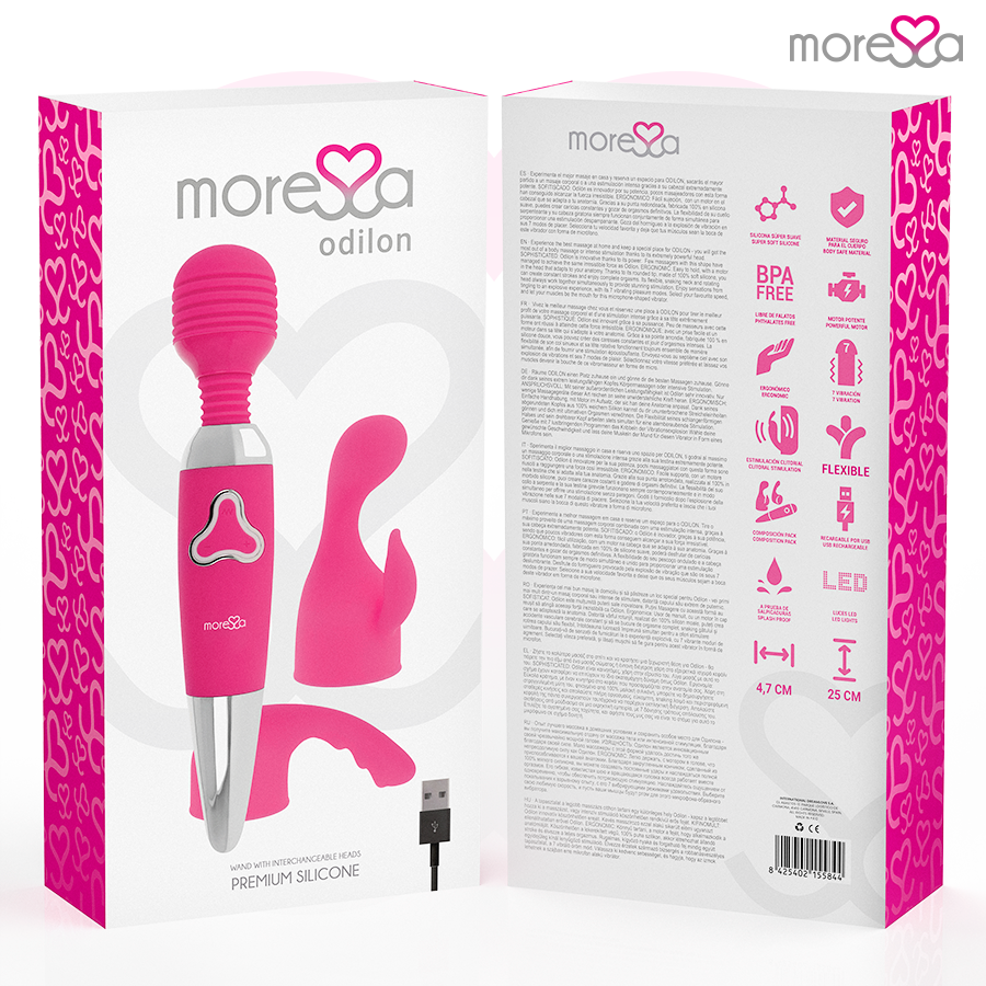 MORESSA - ODILON WAND POWERFUL MOTOR PLUS TWO PREMIUM SILICONE RECHARGEABLE HEADS