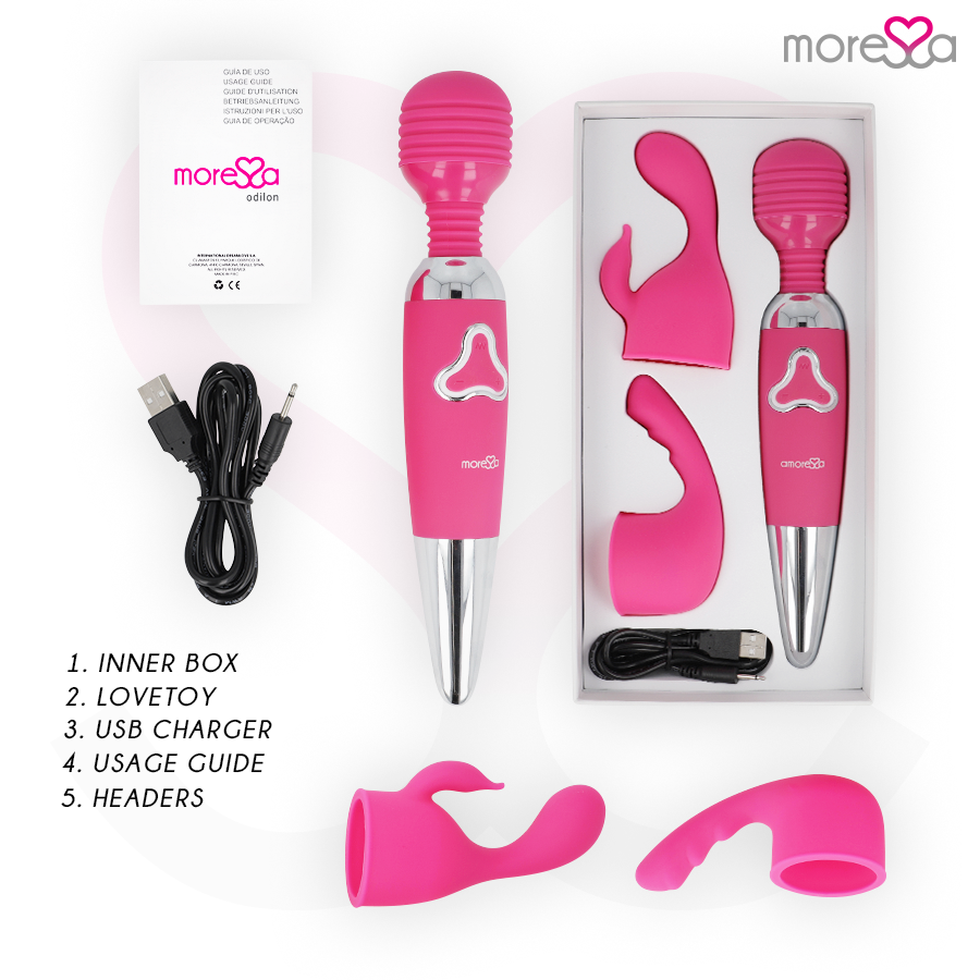 MORESSA - ODILON WAND POWERFUL MOTOR PLUS TWO PREMIUM SILICONE RECHARGEABLE HEADS