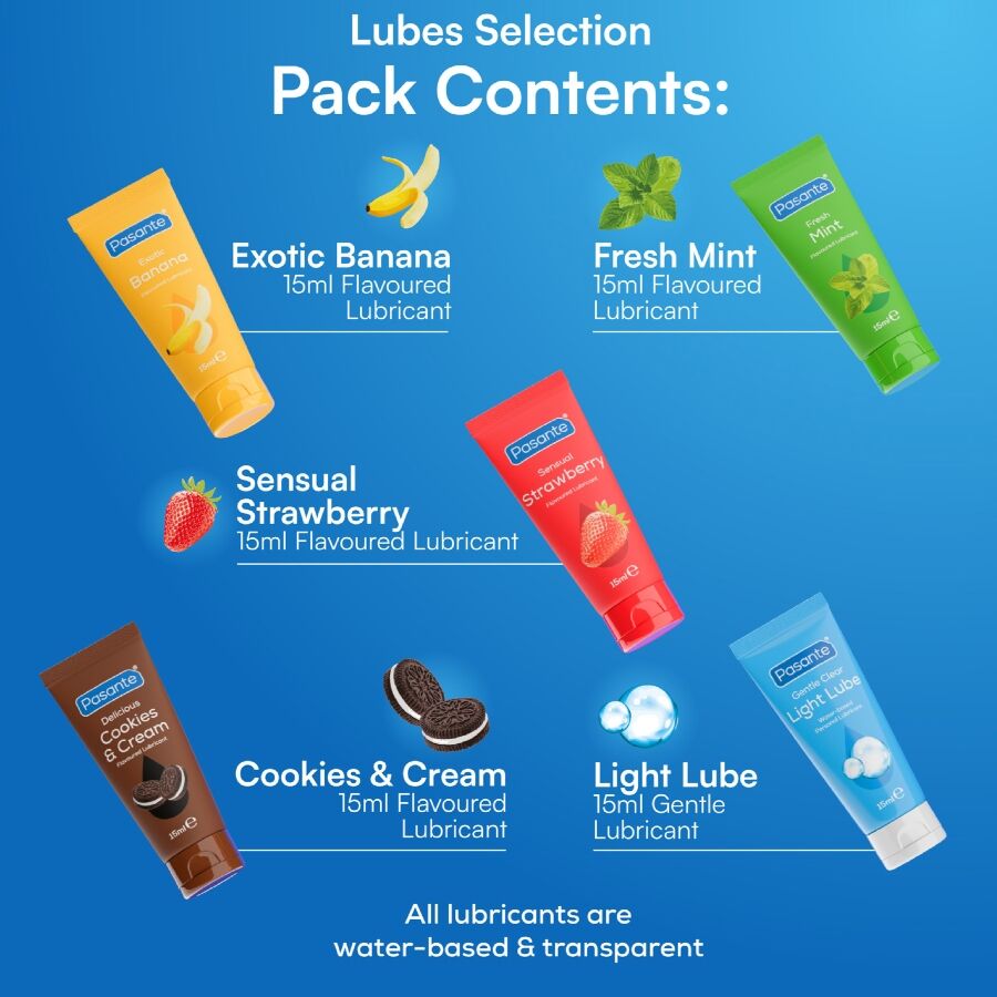 Pack lubrifiants saveurs assorties 5 unités x 15 ml – Pasante