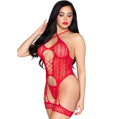 Body ouvert en dentelle avec porte-jarretelles + string rouge – Leg Avenue 89338