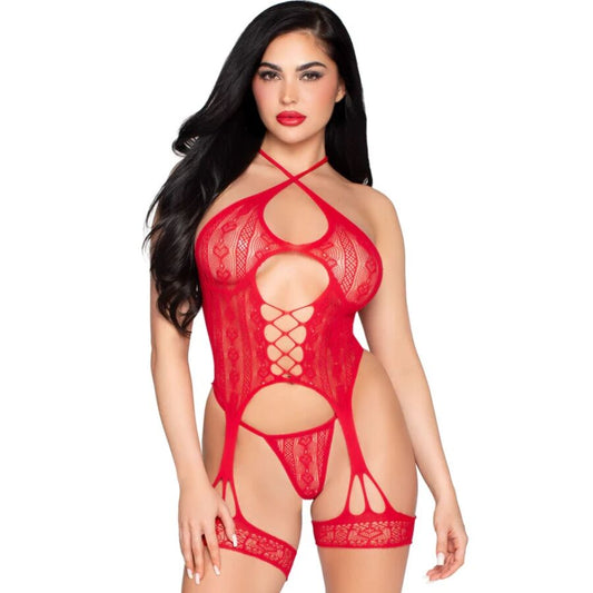 Body ouvert en dentelle avec porte-jarretelles + string rouge – Leg Avenue 89338