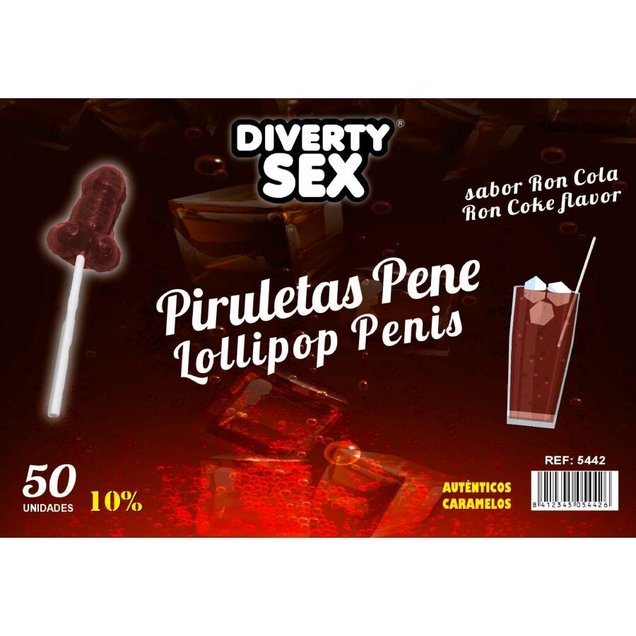 Lot de 50 sucettes pénis saveur ron cola 10% alcool – Diablo Goloso