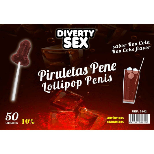 Lot de 50 sucettes pénis saveur ron cola 10% alcool – Diablo Goloso