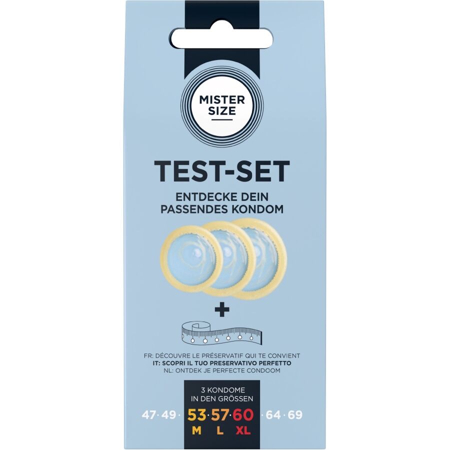 Kit de test : 3 préservatifs de tailles différentes + mélange à points – Mister Size