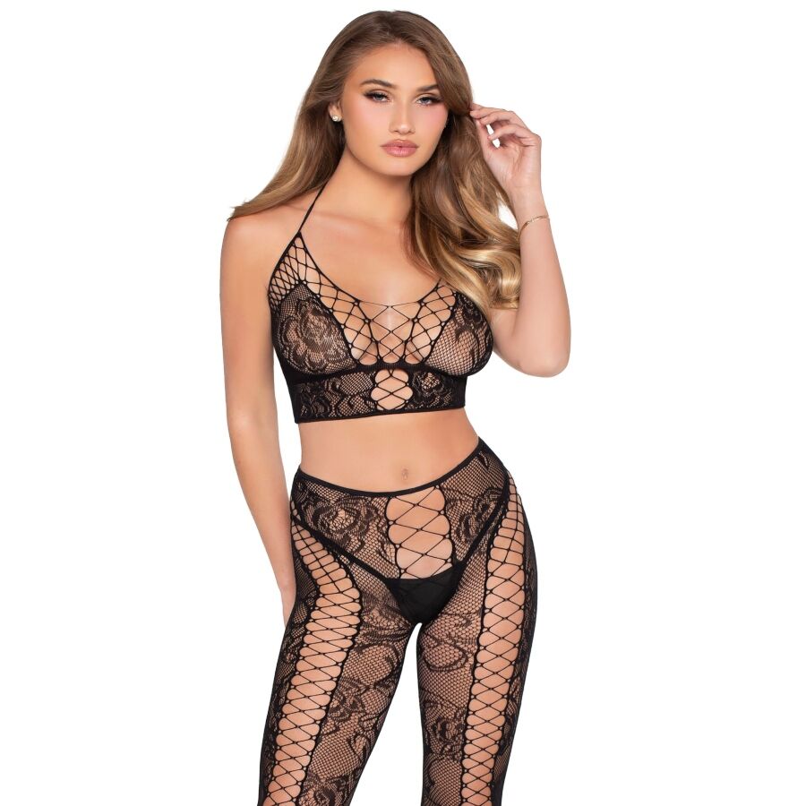 Ensemble crop top et collants noirs en résille et dentelle – Leg Avenue 89368