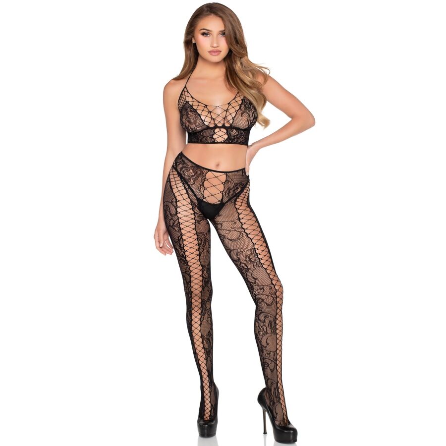 Ensemble crop top et collants noirs en résille et dentelle – Leg Avenue 89368