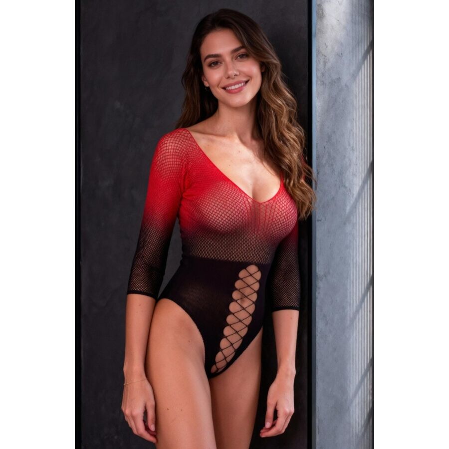 Bodystocking en maille noir et rouge – Passion BS118