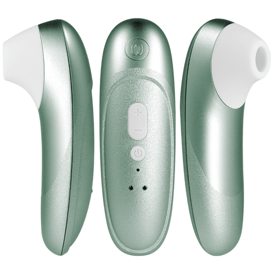 Trois vues du même Womanizer Pro vert sauge, embout et commandes visibles