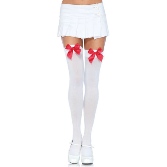 LEG AVENUE - MEDIAS DE NYLON CON LAZO BLANCO/ROJO
