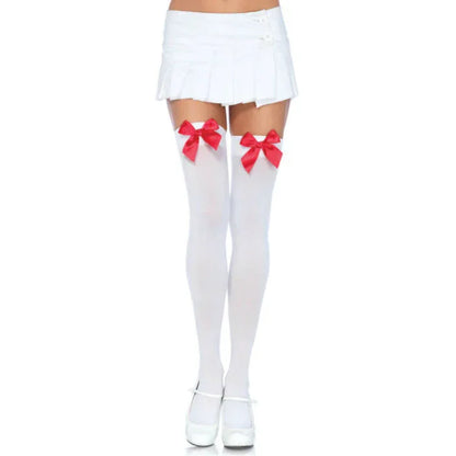 Leg Avenue – Cuisses Hautes en Nylon avec Noeud Blanc / Rouge