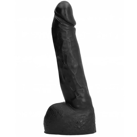Gode réaliste Karl AB11 noir, vue du gland, de la tige texturée et des testicules