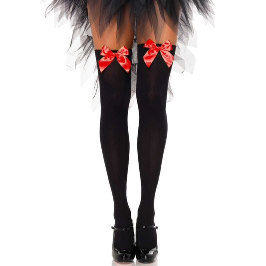 LEG AVENUE - MEDIAS DE NYLON NEGRAS CON LAZO ROJO TALLA ÚNICA