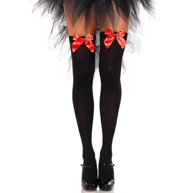 Leg Avenue – Cuisses Hautes en Nylon Noir avec Noeud Rouge taille Unique