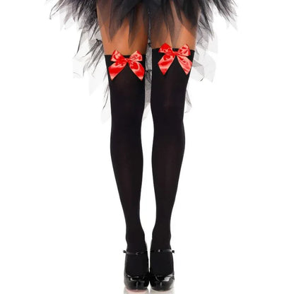 Leg Avenue – Cuisses Hautes en Nylon Noir avec Noeud Rouge taille Unique