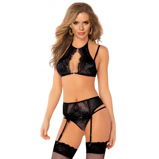 QUEEN LINGERIE - ENSEMBLE SOUTIEN-GORGE + JARRETIÈRES ET STRING TAILLE S/M