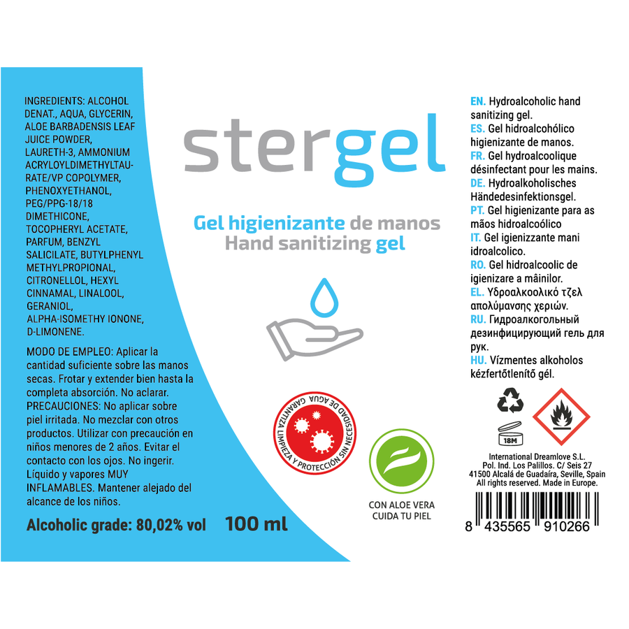 STERGEL - GEL HIDROALCOHÓLICO HIGIENIZANTE DE MANOS ALOE VERA 100ML 