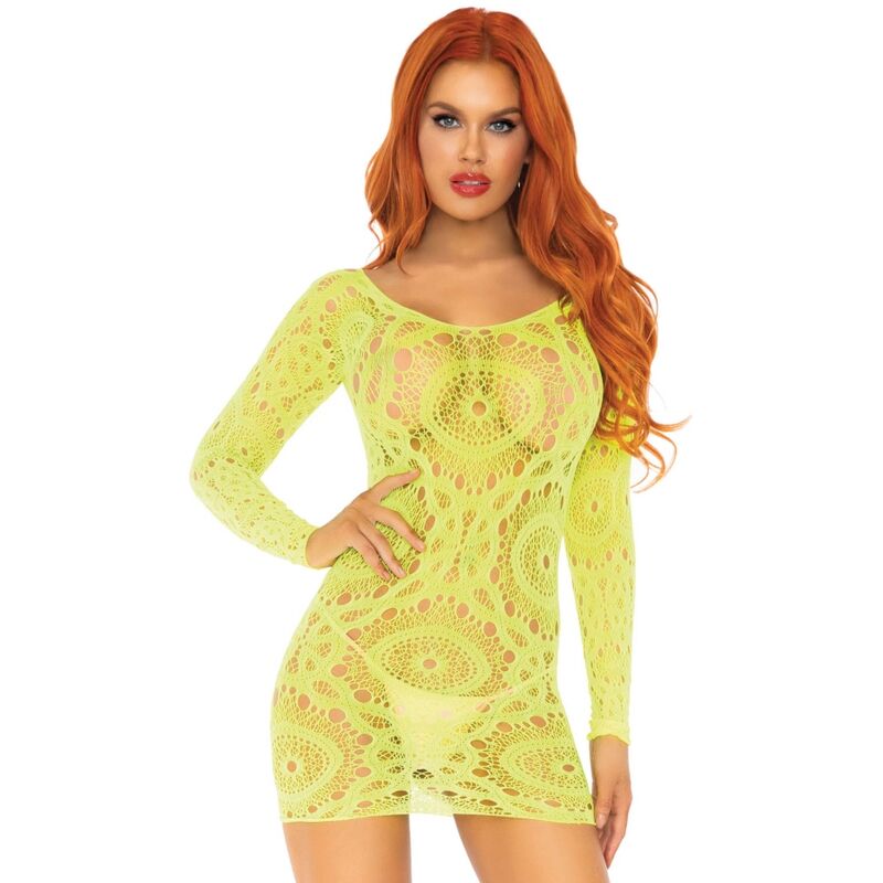 LEG AVENUE - VESTIDO MINI DE ENCAJE DE GANCHILLO DE MANGA LARGA NEÓN TALLA ÚNICA