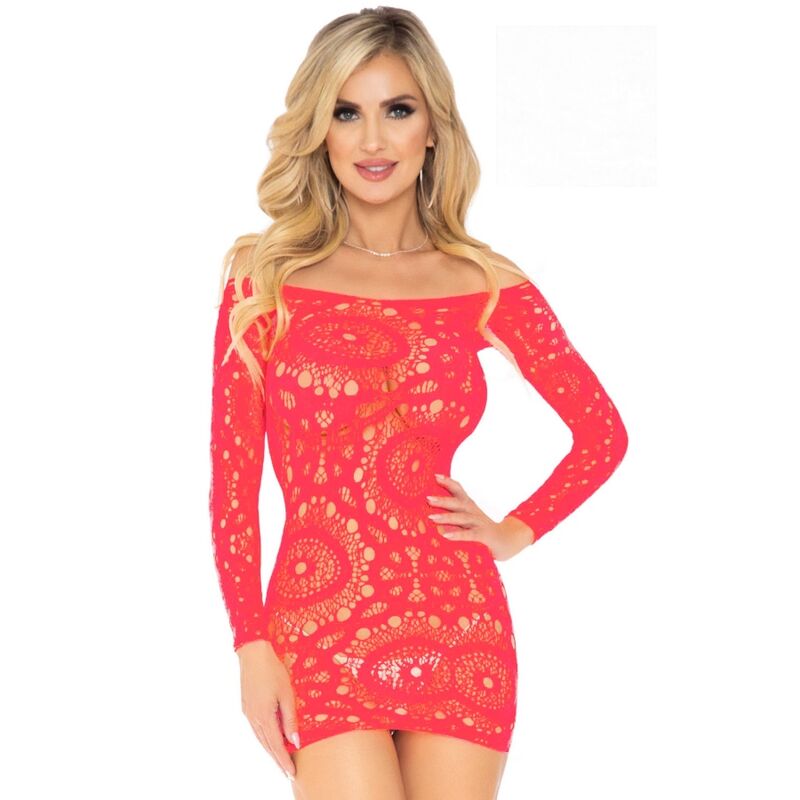 LEG AVENUE - VESTIDO MINI DE MANGA LARGA CON ENCAJE DE GANCHILLO ROJO TALLA ÚNICA