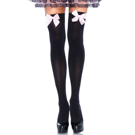 LEG AVENUE - MEDIAS DE NYLON NEGRAS CON LAZO ROSA TALLA ÚNICA