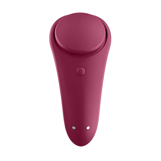 Satisfyer Sexy Secret rouge bordeaux, vue de face avec bouton et contacts de charge