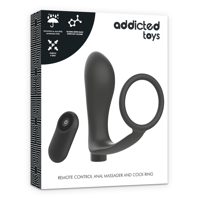 JUGUETES ADICTOS - ANILLO PARA EL PENE CON CONTROL REMOTO PLUG ANAL NEGRO RECARGABLE